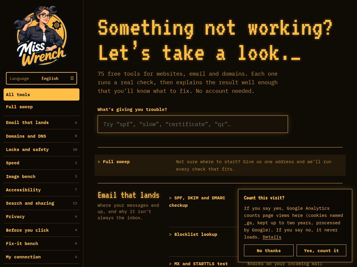 Landing-page snapshot of misswrench.com