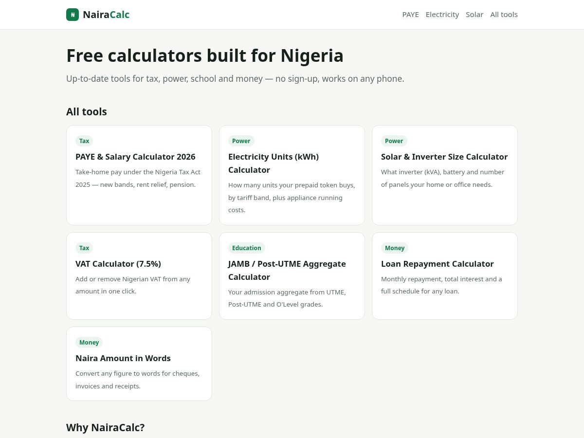 Landing-page snapshot of nairacalc.com