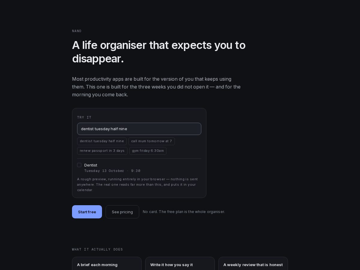 Landing-page snapshot of nanohq.app