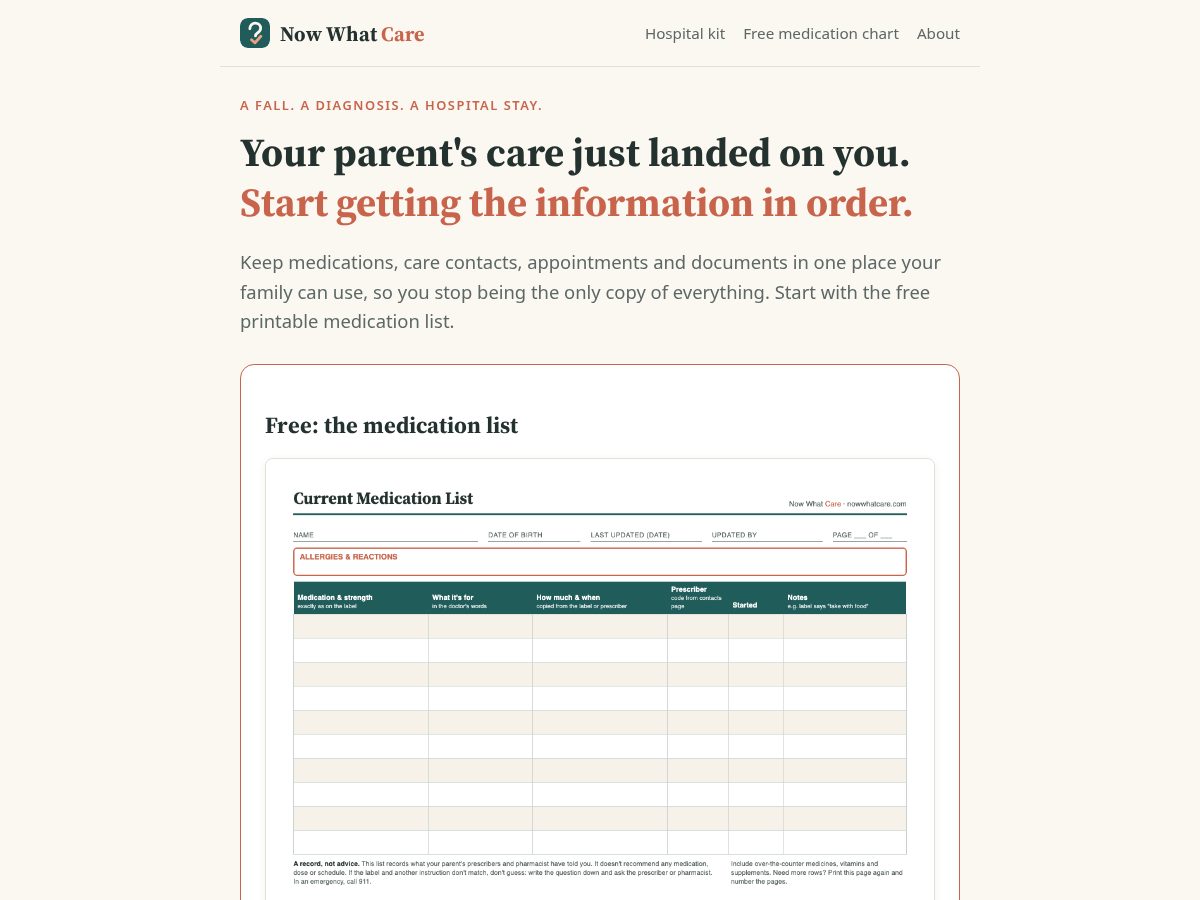 Landing-page snapshot of nowwhatcare.com