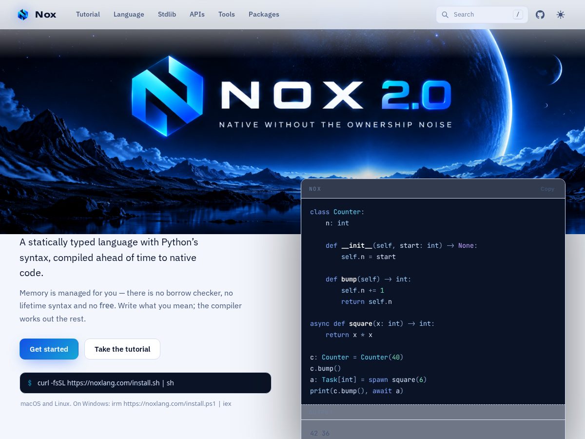 Landing-page snapshot of noxlang.com