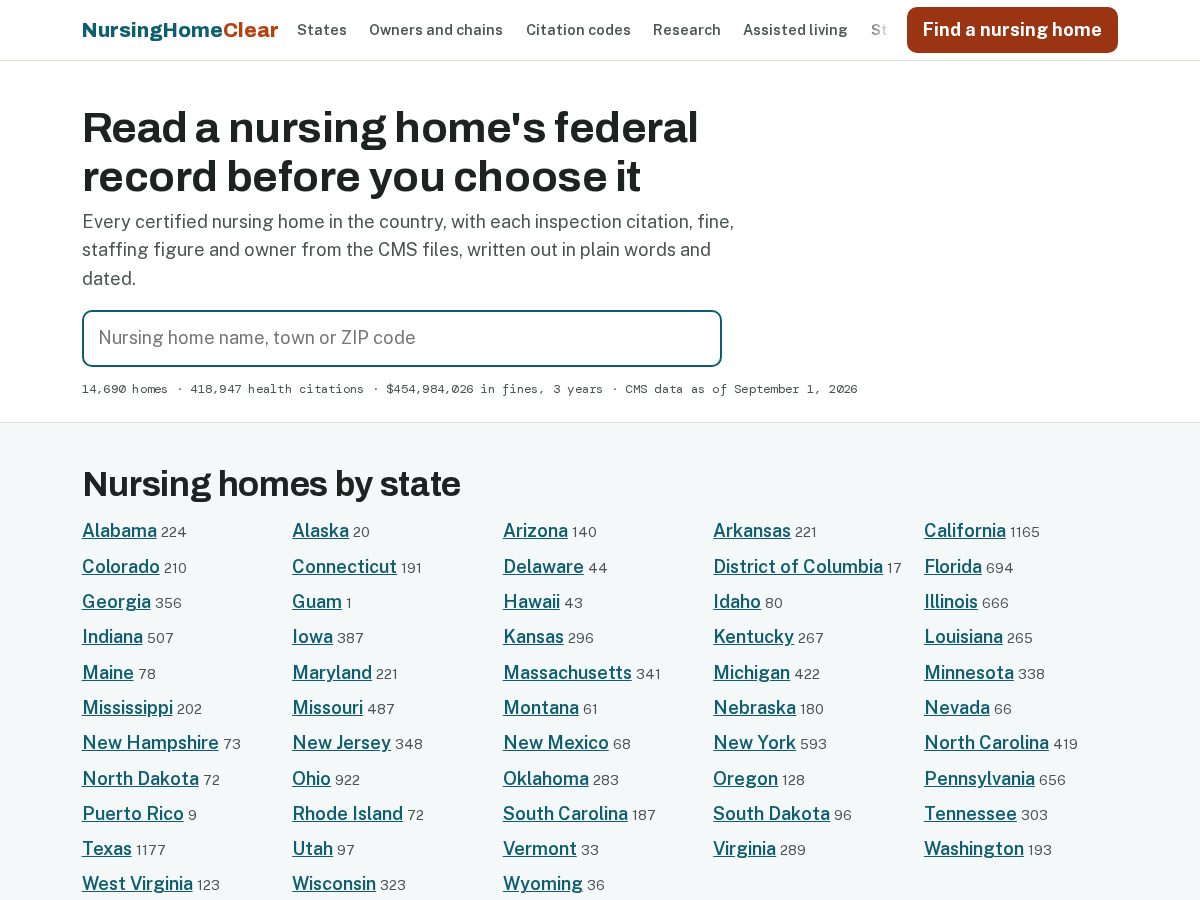Landing-page snapshot of nursinghomeclear.com