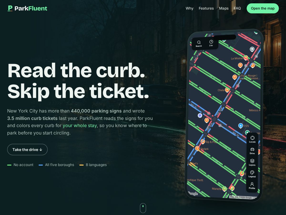 Landing-page snapshot of parkfluent.com
