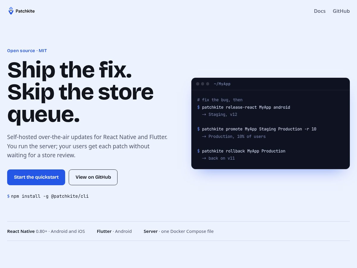 Landing-page snapshot of patchkite.com