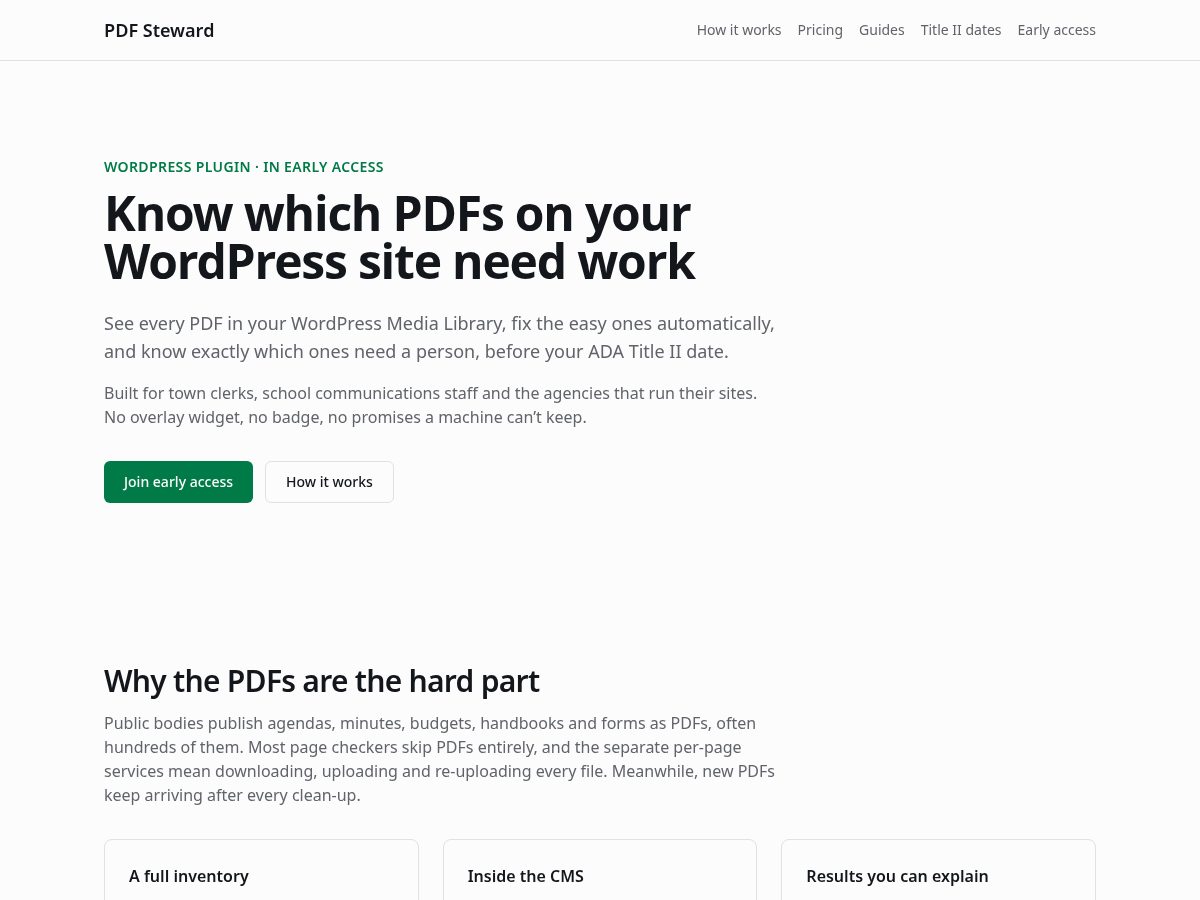 Landing-page snapshot of pdfsteward.com