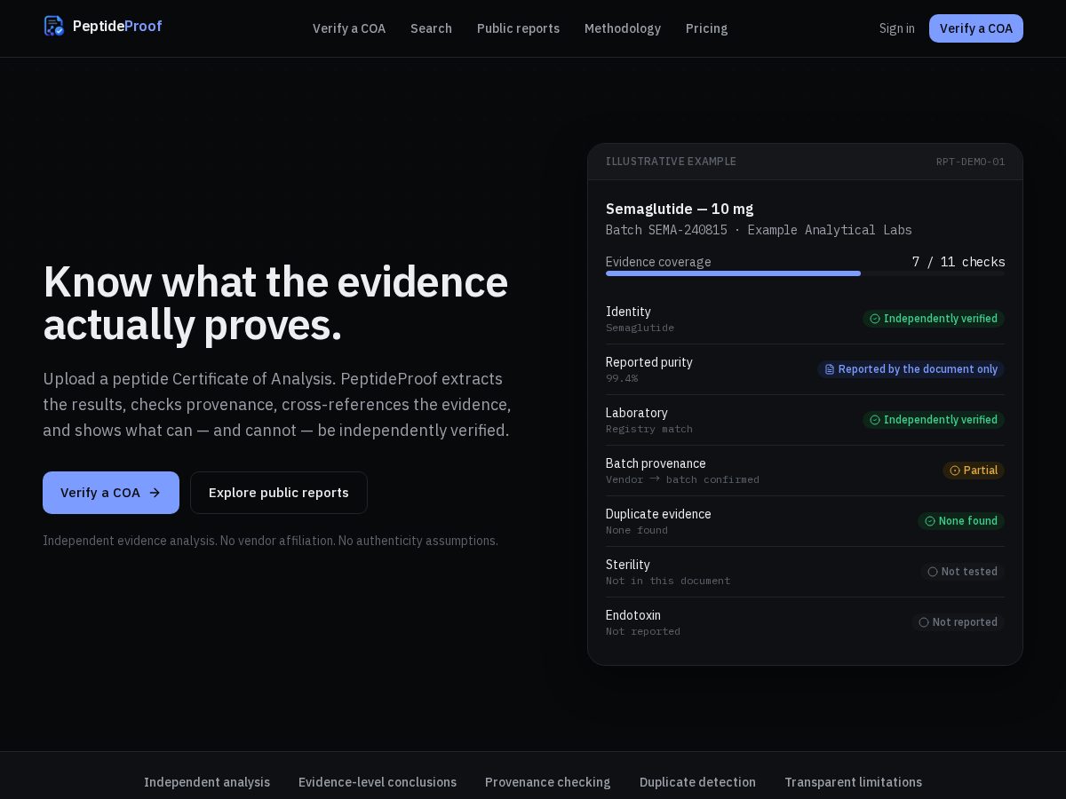 Landing-page snapshot of peptiproof.app