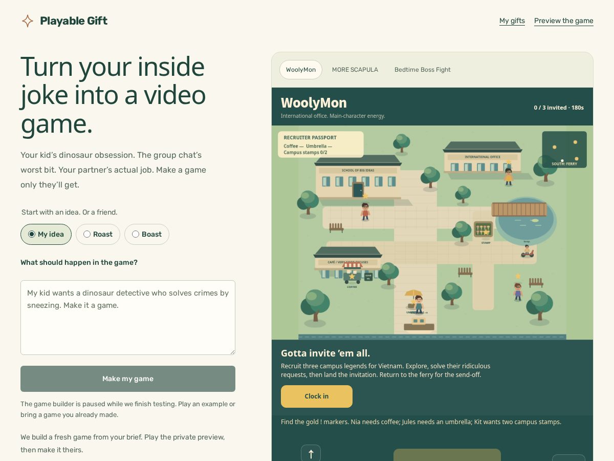 Landing-page snapshot of playablegift.com