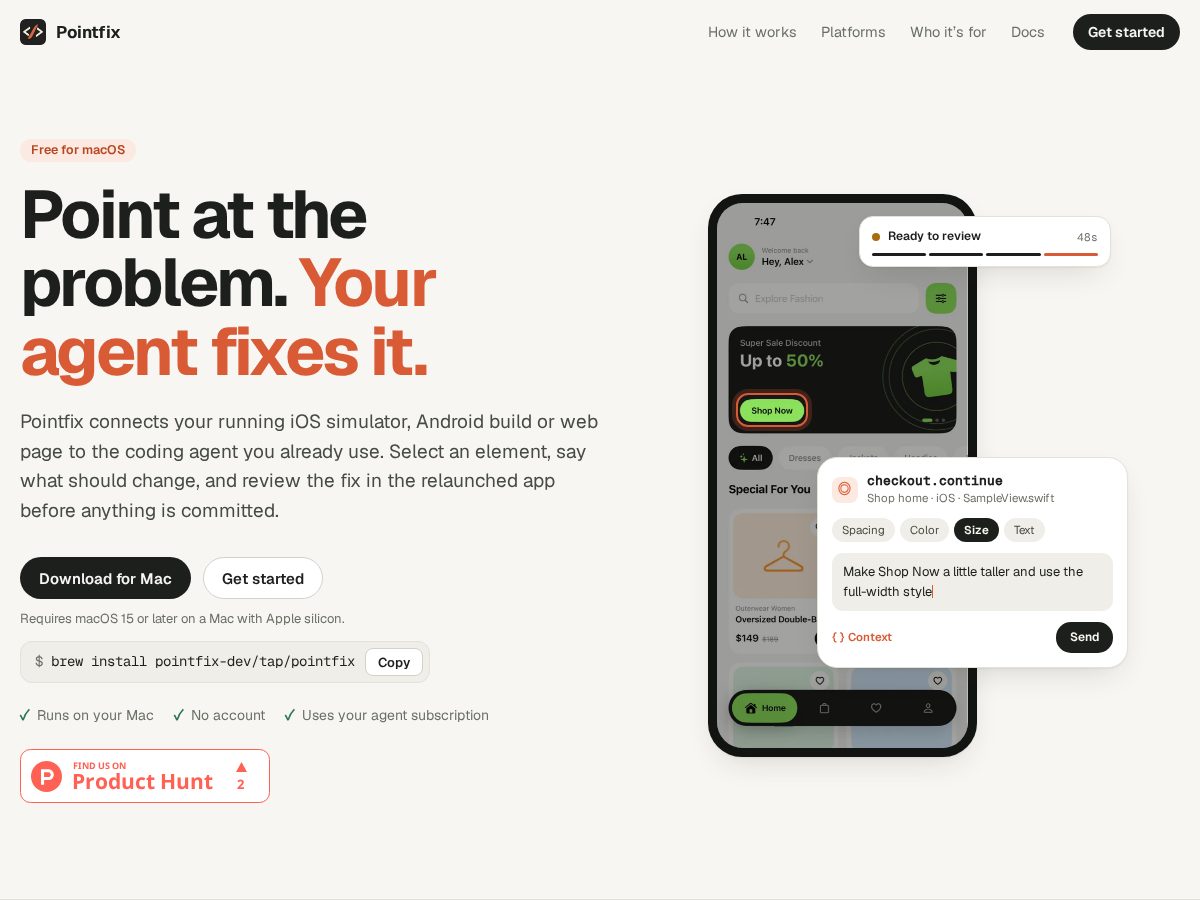 Landing-page snapshot of pointfix.dev