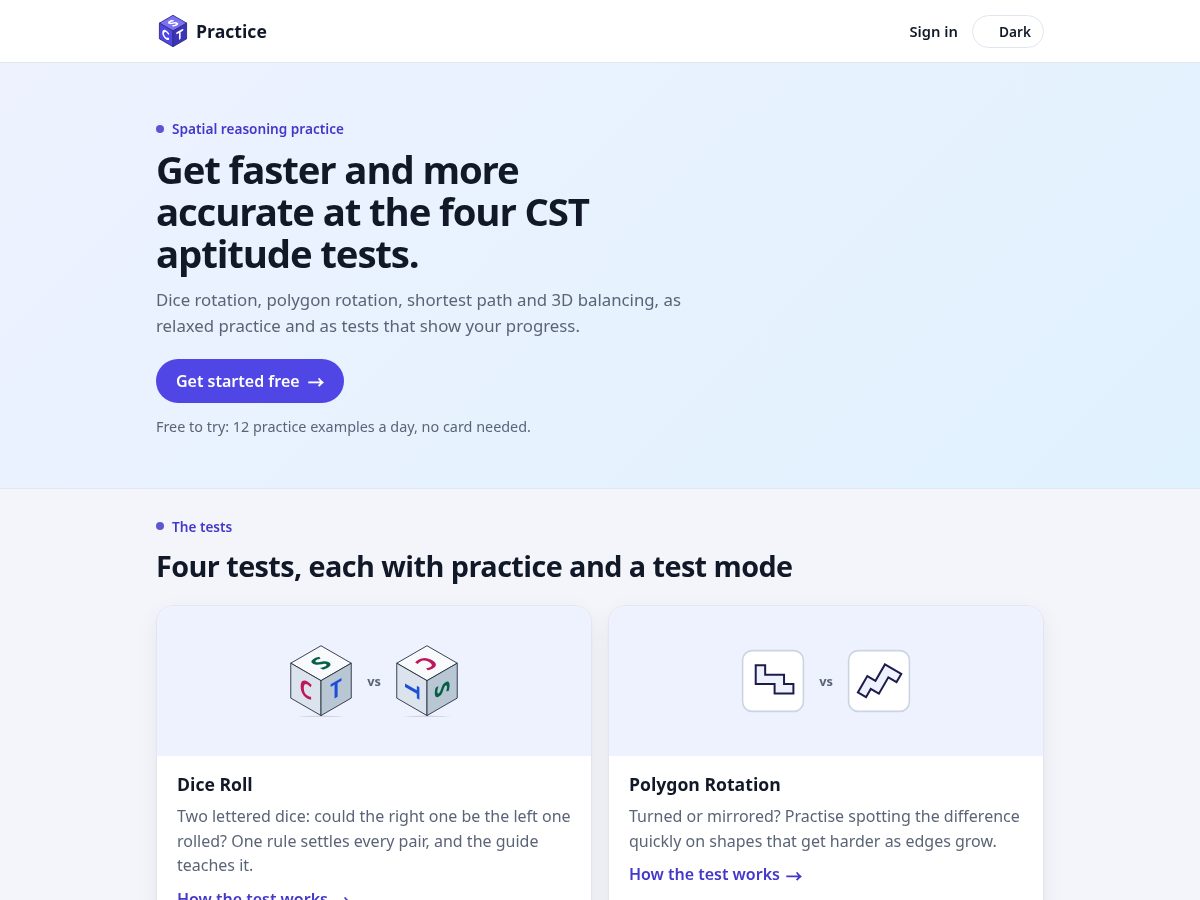 Landing-page snapshot of practicecst.com