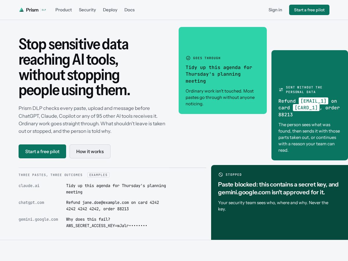 Landing-page snapshot of prism-dlp.com