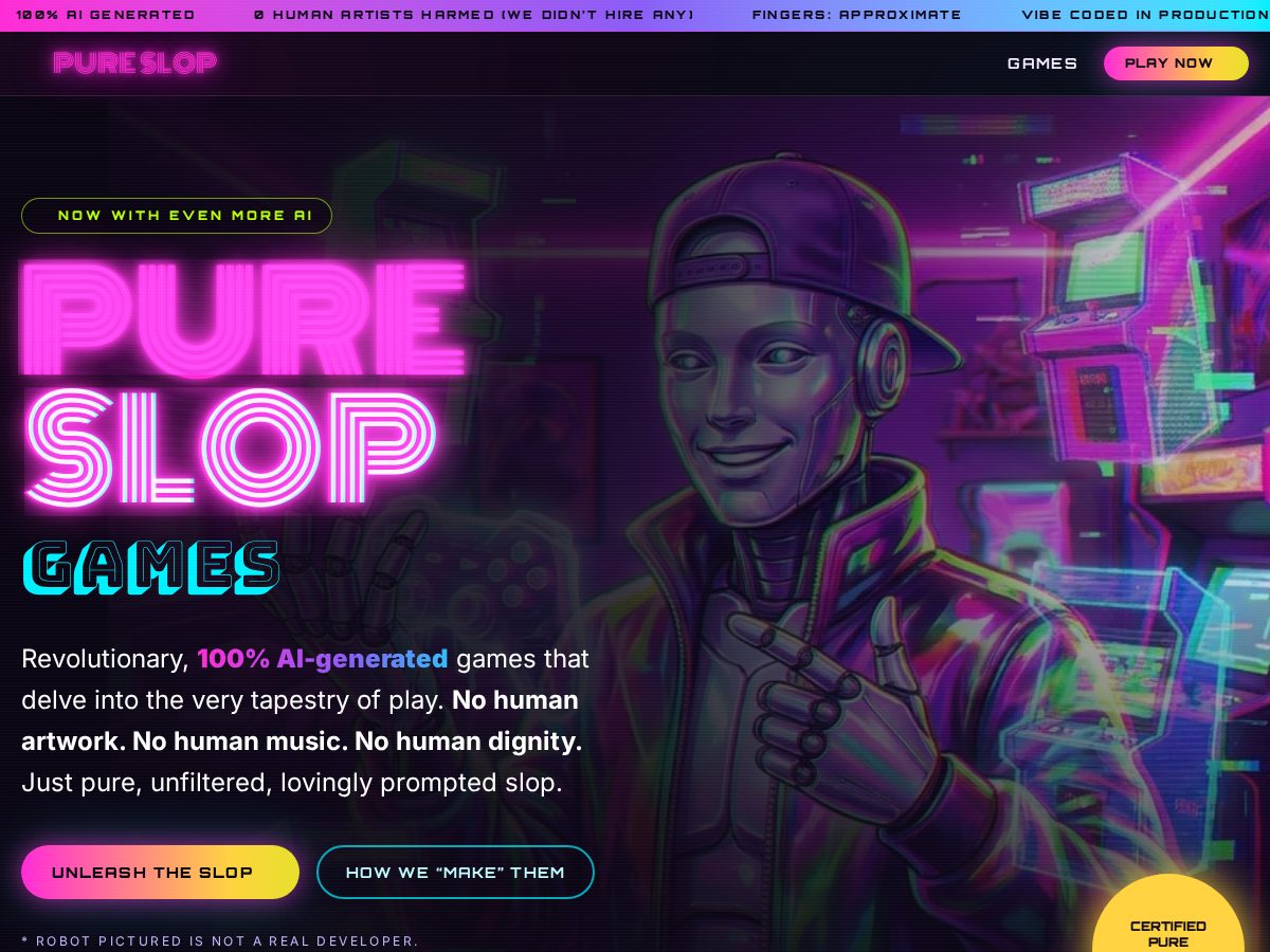 Landing-page snapshot of pureslopgames.com