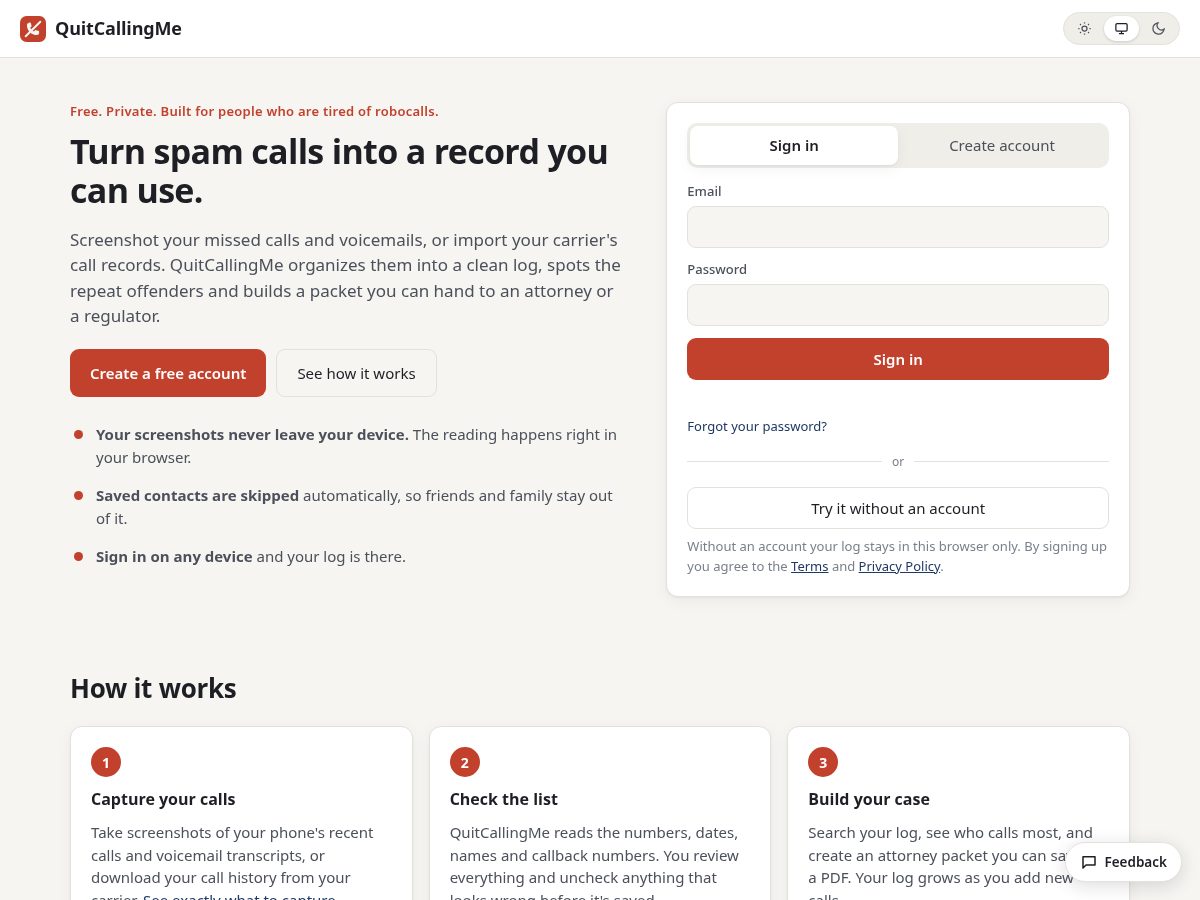 Landing-page snapshot of quitcallingme.com