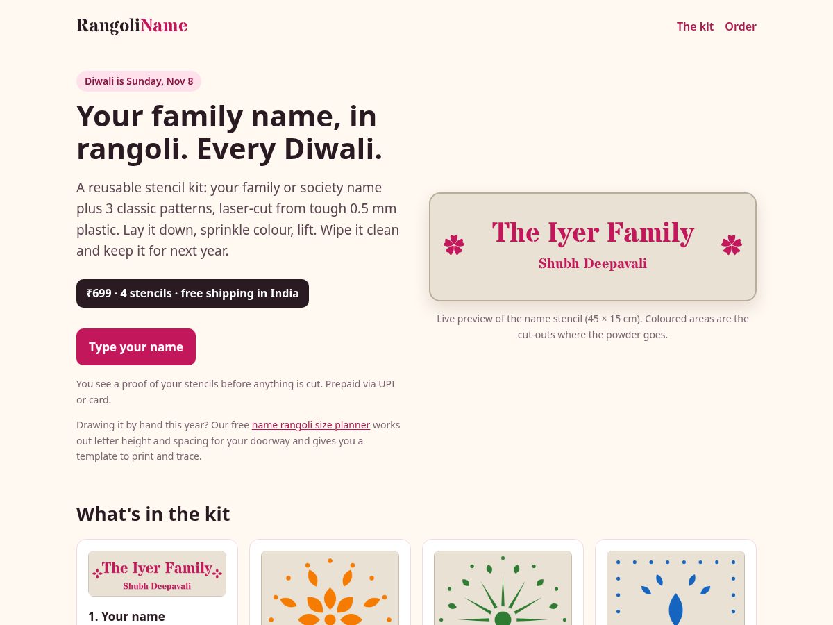 Landing-page snapshot of rangoliname.com