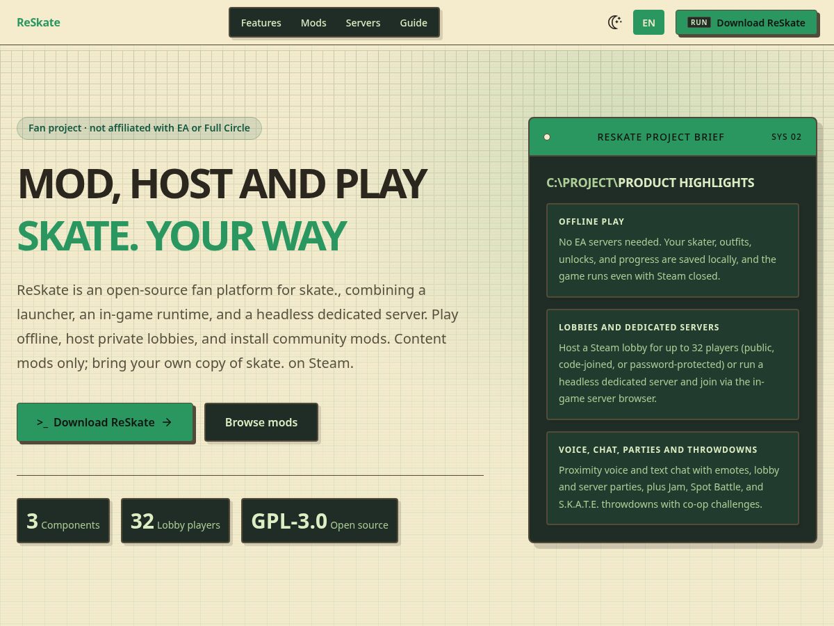 Landing-page snapshot of reskate.fans