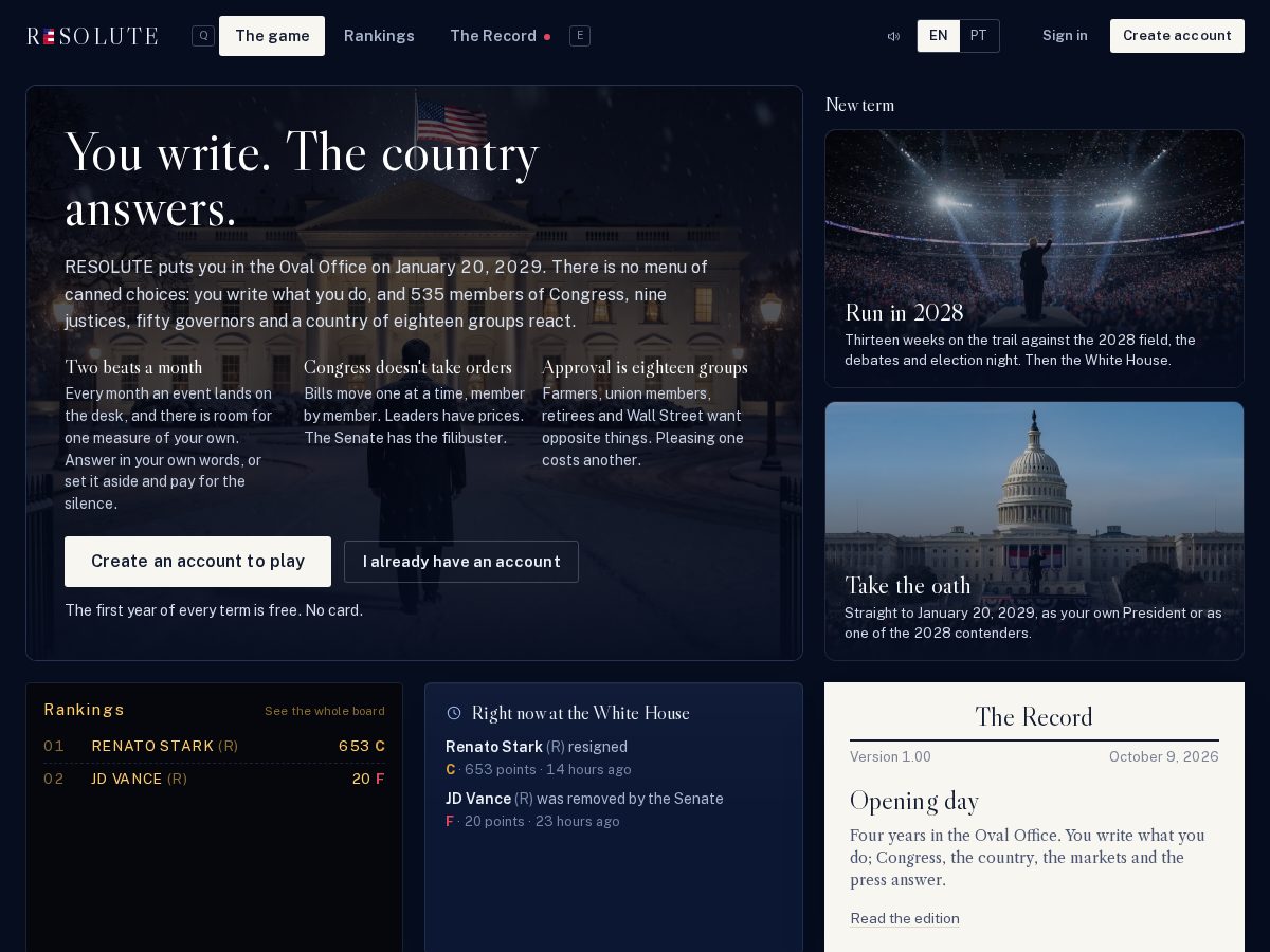 Landing-page snapshot of resolutethegame.com