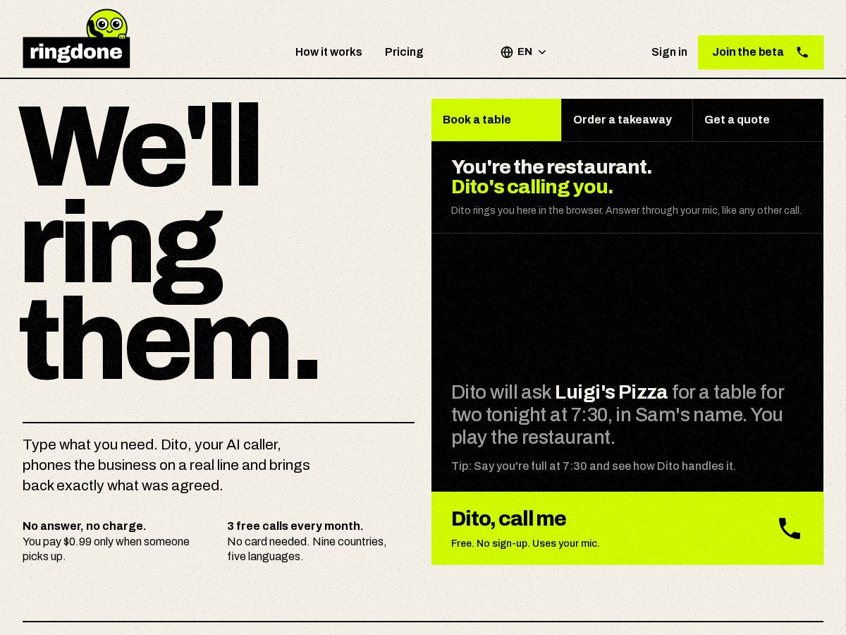 Landing-page snapshot of ringdone.com