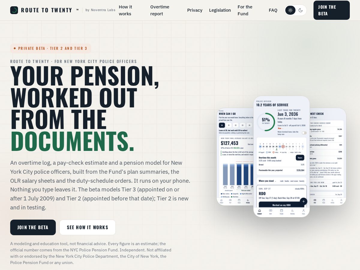Landing-page snapshot of routetotwenty.app