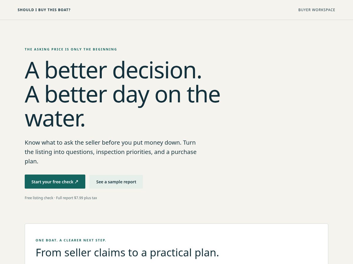 Landing-page snapshot of shouldibuythisboat.com
