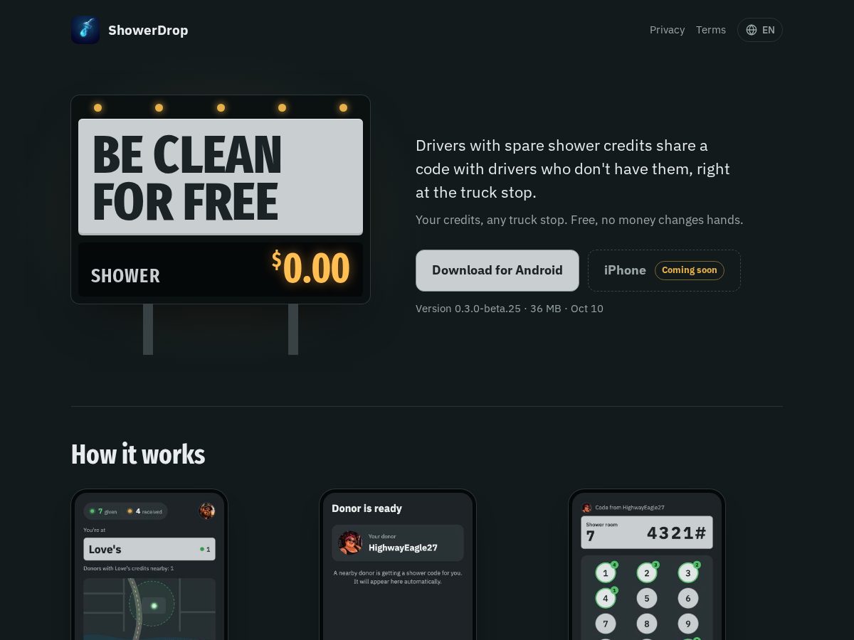 Landing-page snapshot of showerdrop.app