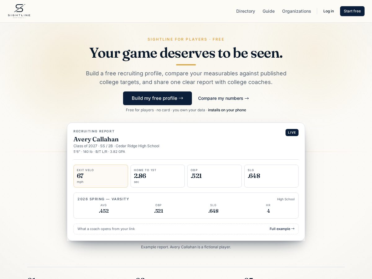 Landing-page snapshot of sightlinesoftball.com