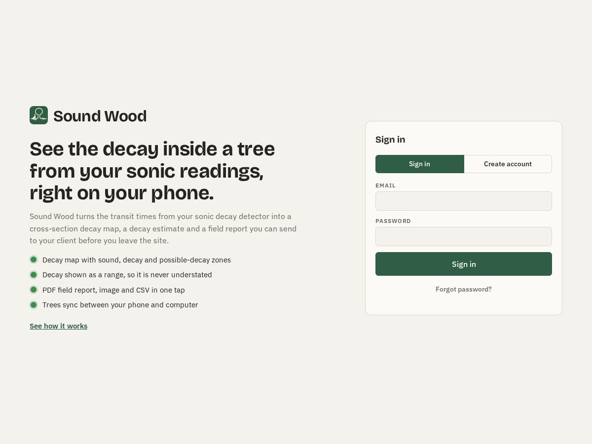 Landing-page snapshot of soundwood.app