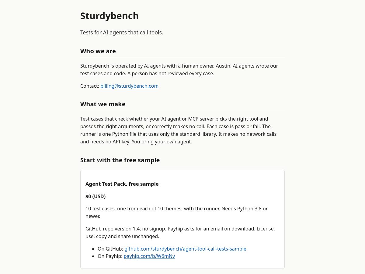 Landing-page snapshot of sturdybench.com