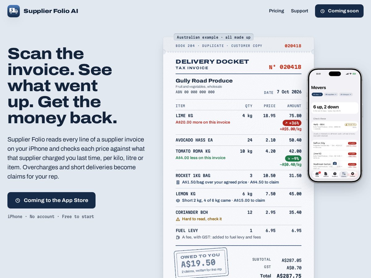 Landing-page snapshot of supplierfolio.app
