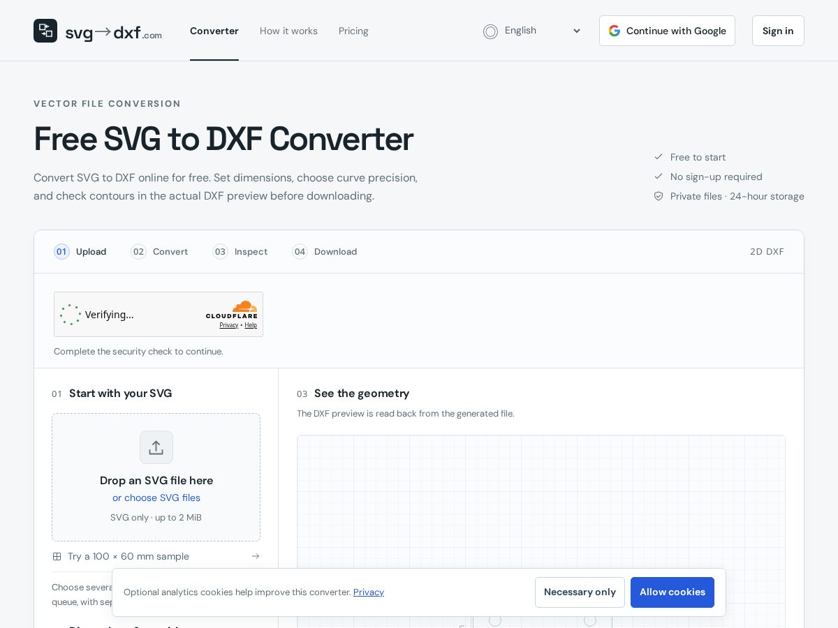 Landing-page snapshot of svg-to-dxf.com
