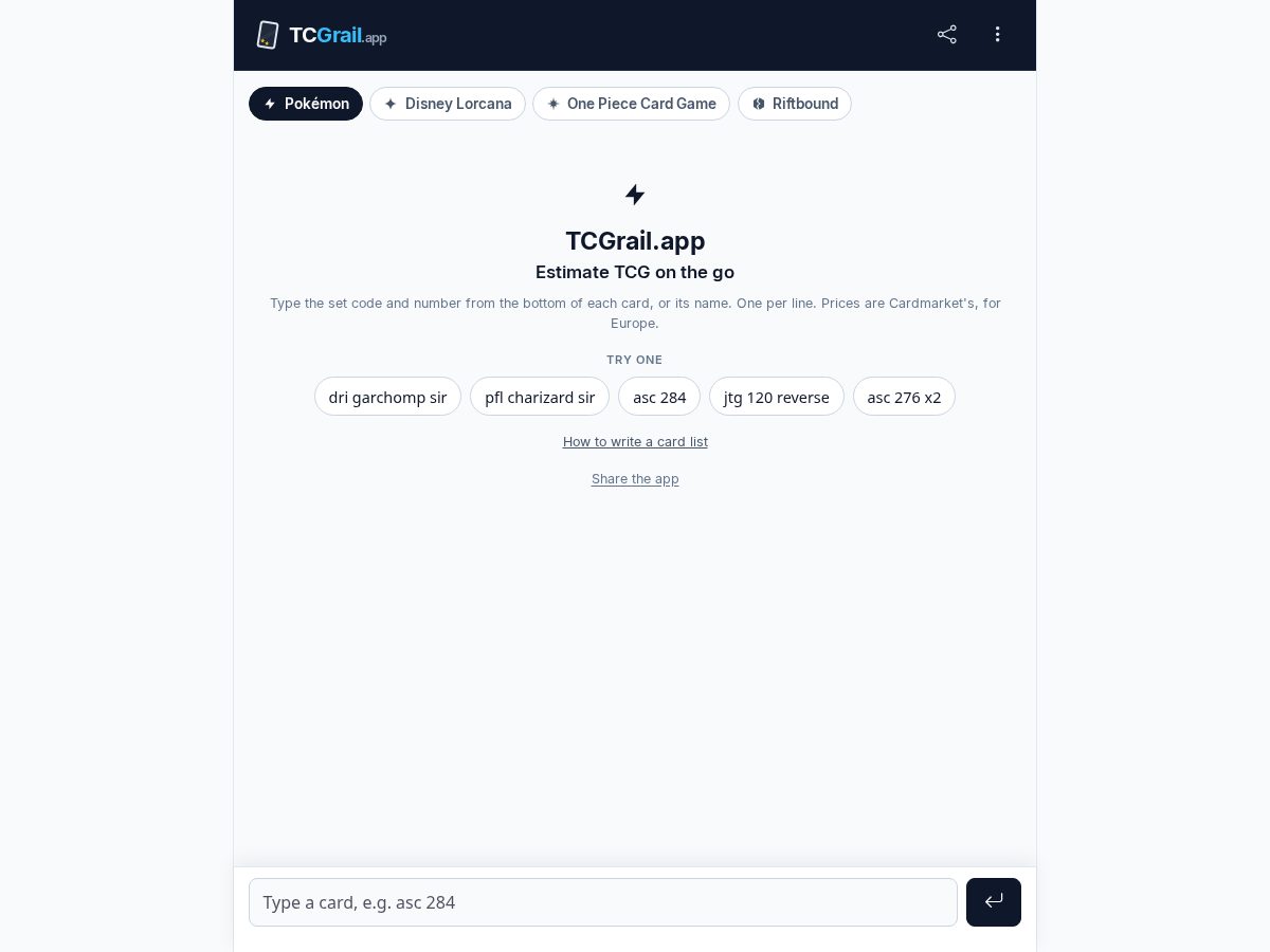 Landing-page snapshot of tcgrail.app
