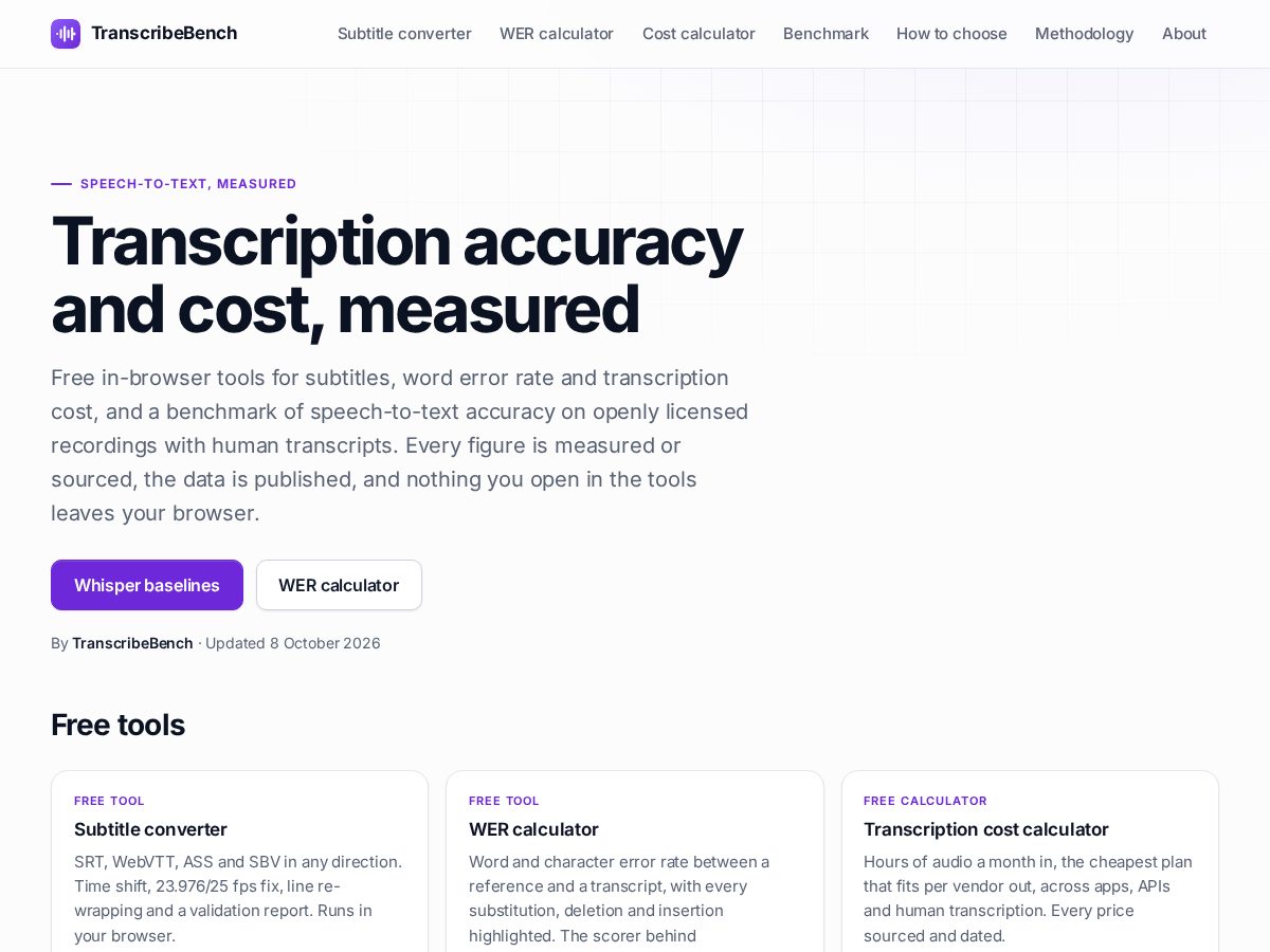 Landing-page snapshot of transcribebench.com