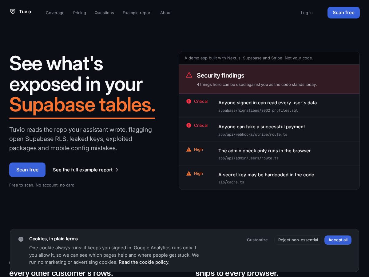 Landing-page snapshot of tuvio.dev