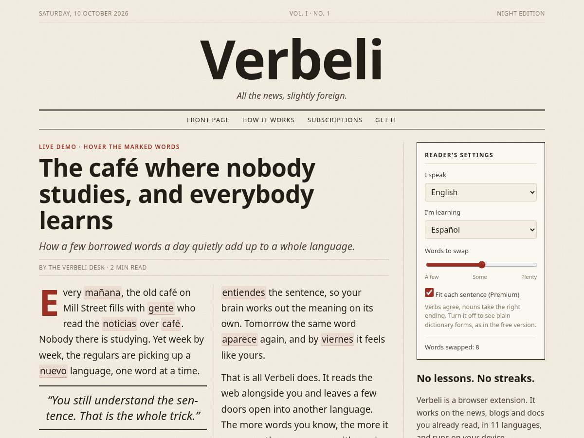 Landing-page snapshot of verbeli.com
