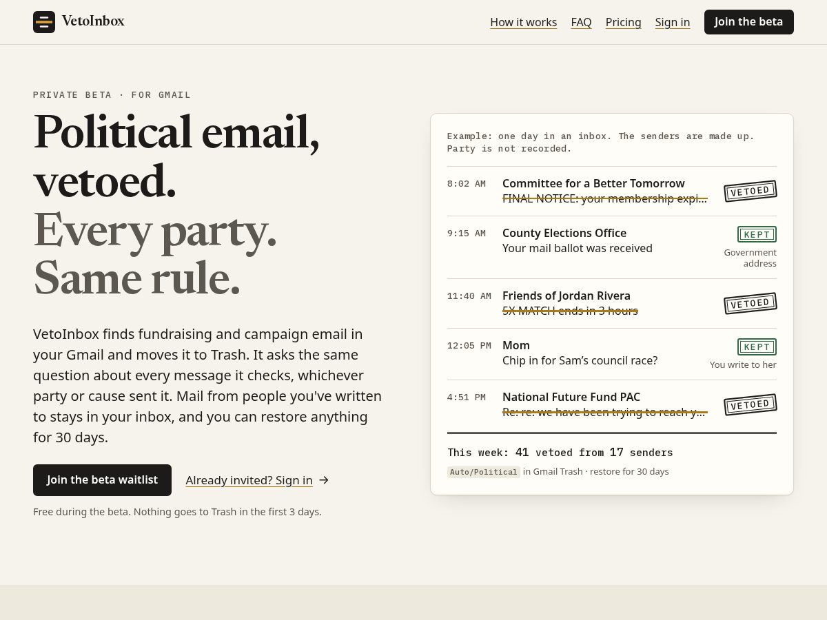 Landing-page snapshot of vetoinbox.com