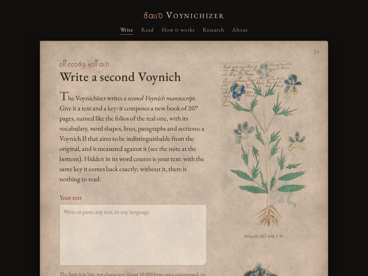 Landing-page snapshot of voynichizer.com