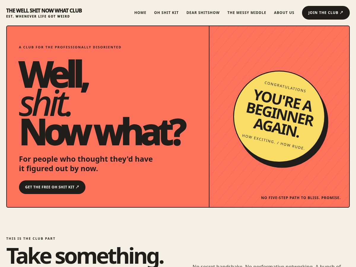 Landing-page snapshot of wellshitnowwhatclub.com