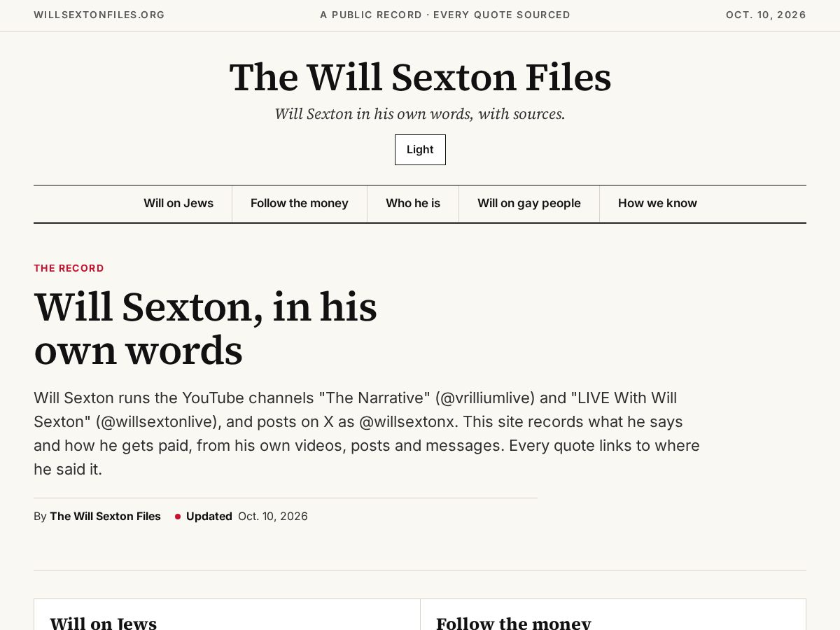 Landing-page snapshot of willsextonfiles.org