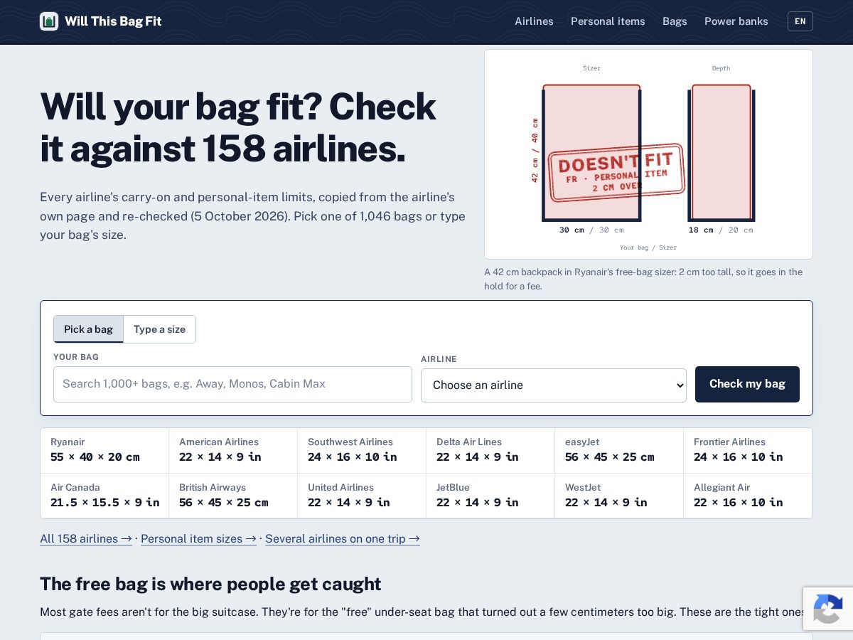 Landing-page snapshot of willthisbagfit.com
