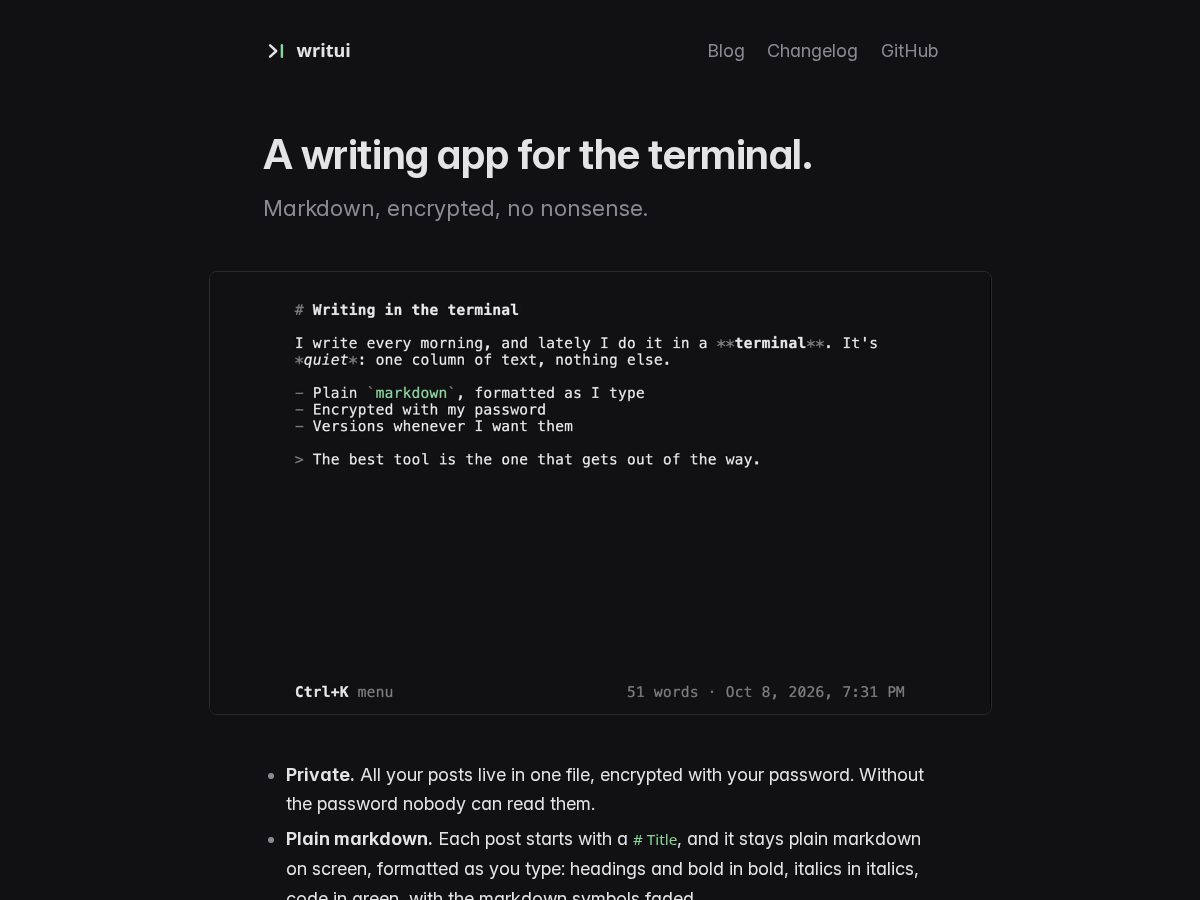 Landing-page snapshot of writui.com