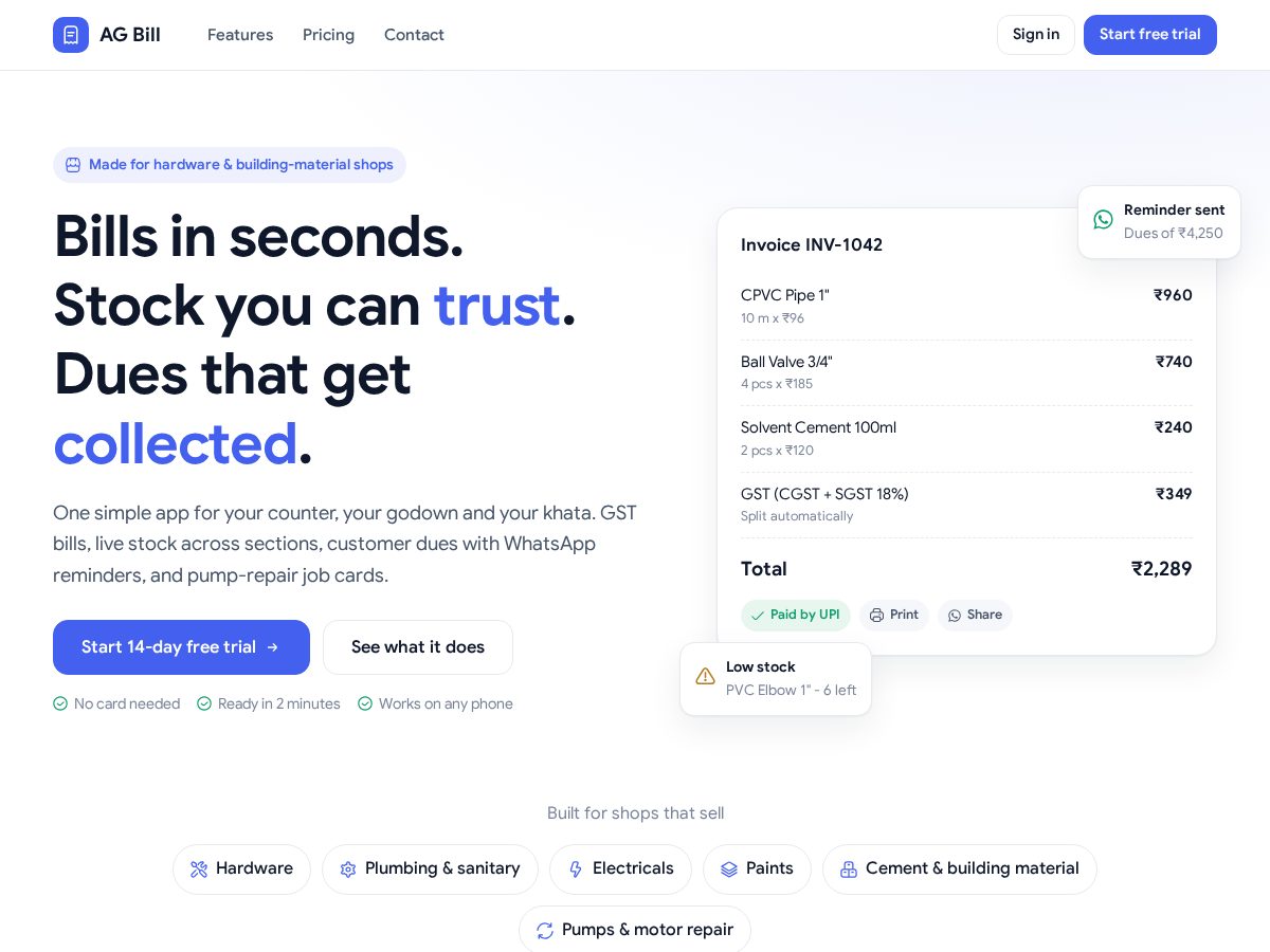 Landing-page snapshot of agbill.tech