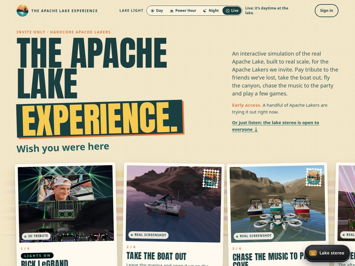 Landing-page snapshot of apachelakeexperience.com