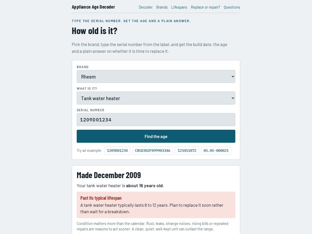 Landing-page snapshot of applianceagedecoder.com