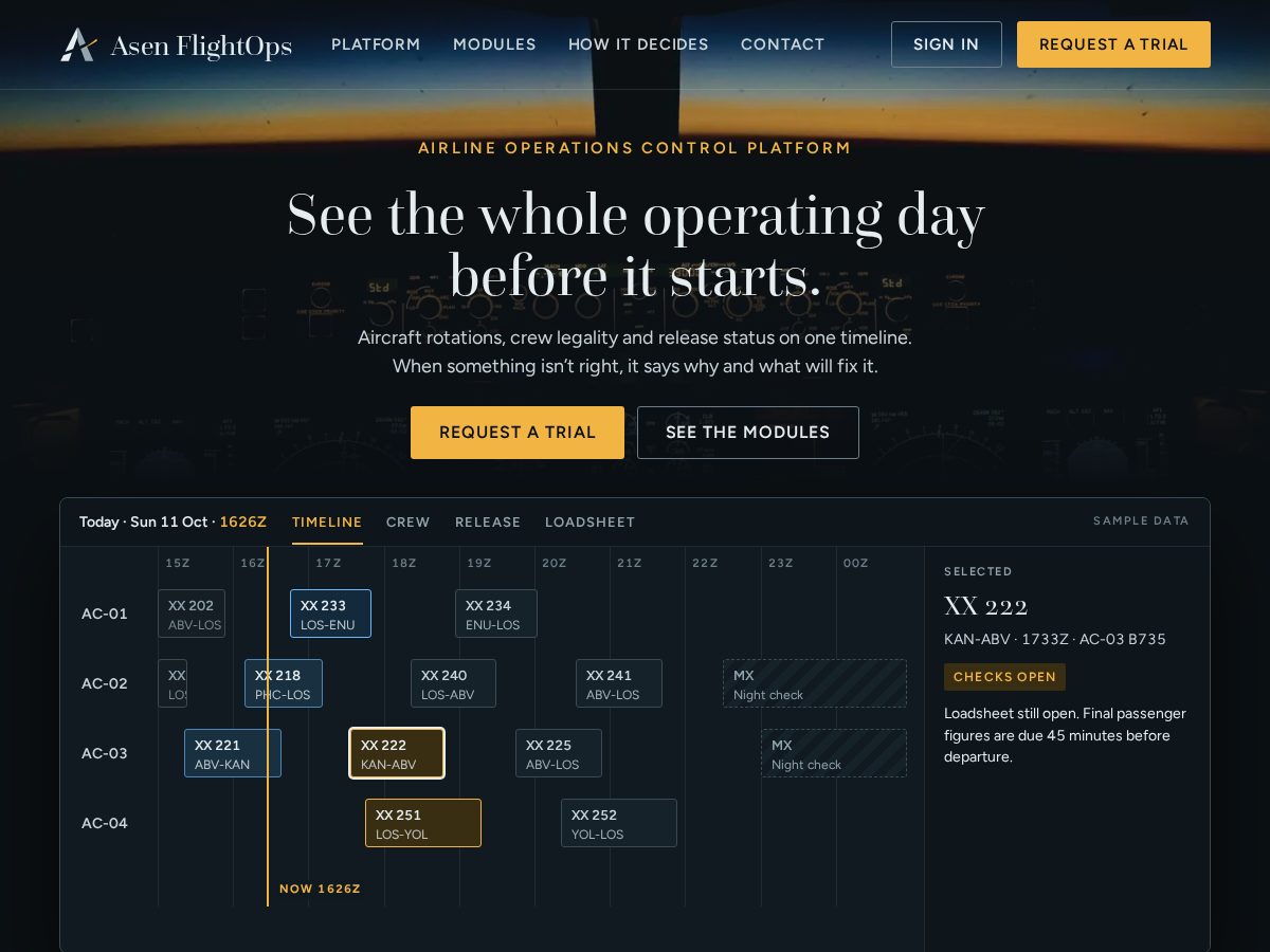 Landing-page snapshot of asenflightops.com