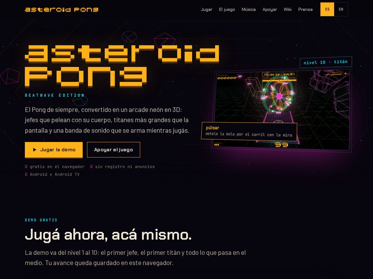 Landing-page snapshot of asteroidpong.online
