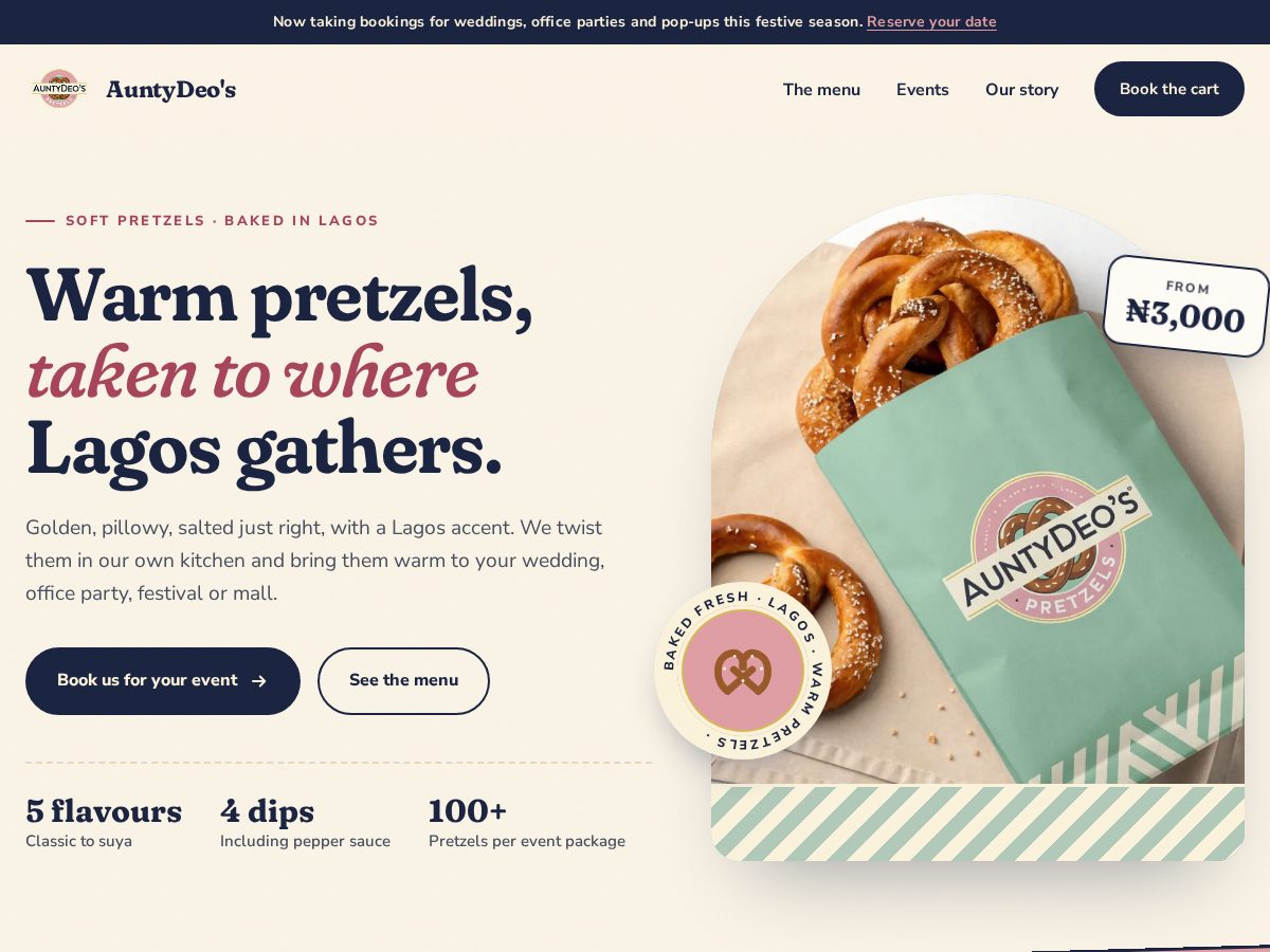 Landing-page snapshot of auntydeospretzels.com