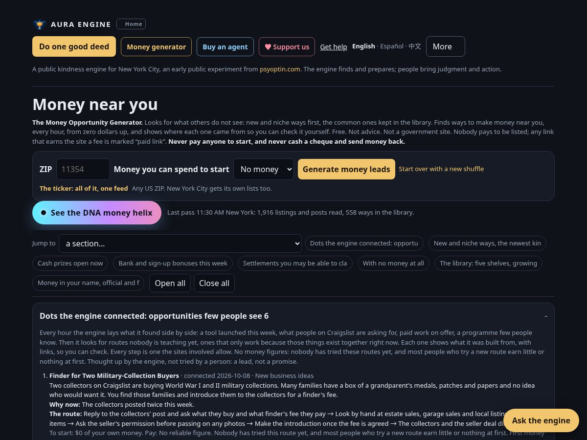 Landing-page snapshot of auraengine.money