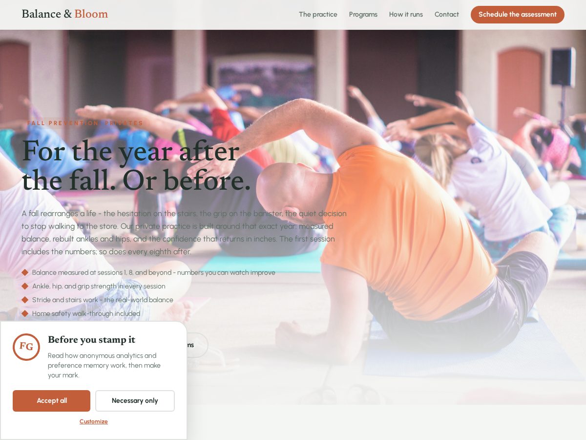 Landing-page snapshot of balancebloomyoga.click
