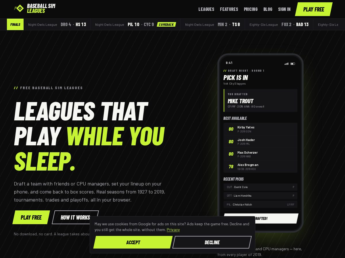 Landing-page snapshot of baseballsimleagues.com