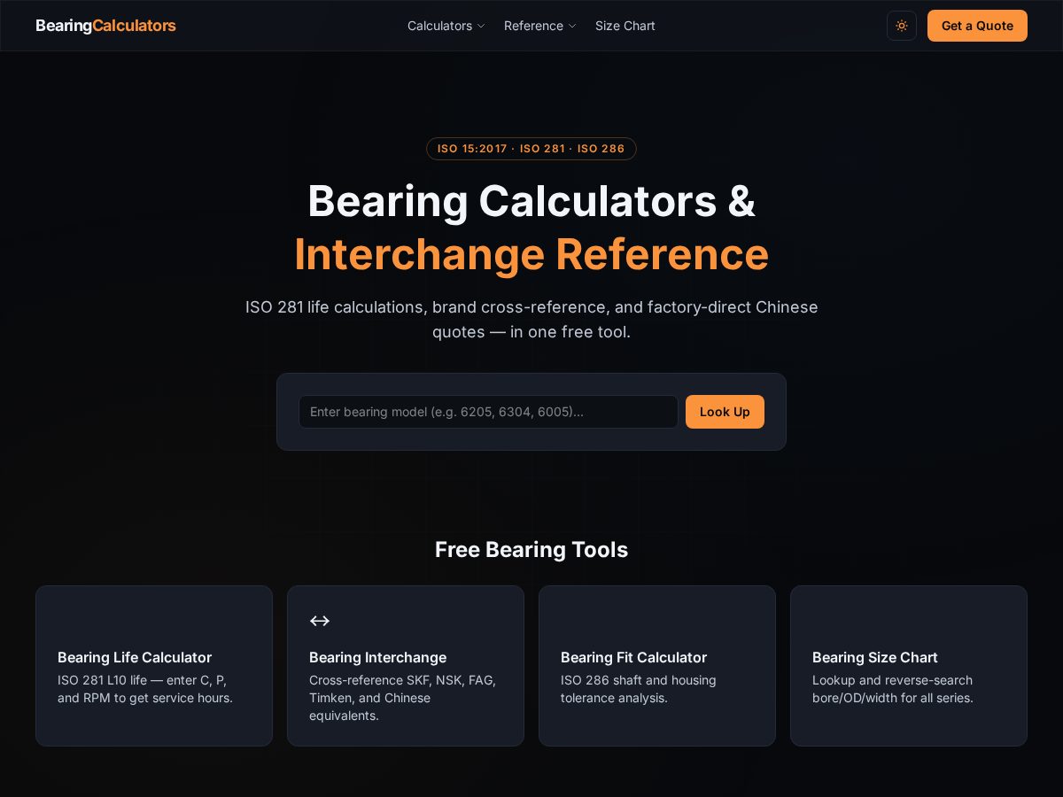 Landing-page snapshot of bearingcalculators.com