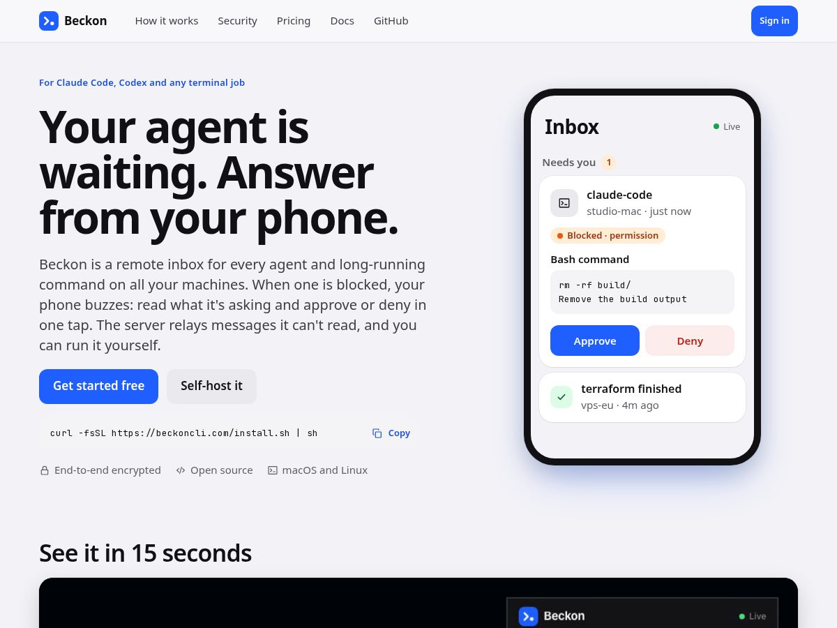 Landing-page snapshot of beckoncli.com