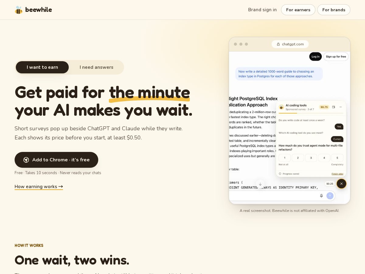 Landing-page snapshot of beewhile.com